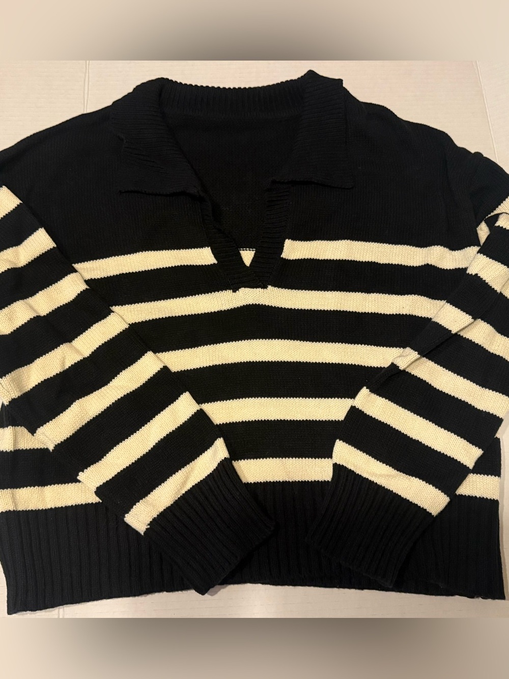 Cider Black and Cream Striped V-Neck Collared Sweater